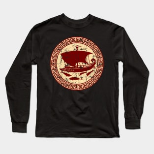 Greek Key,  Sail Ship with Dolphins, Distressed Long Sleeve T-Shirt